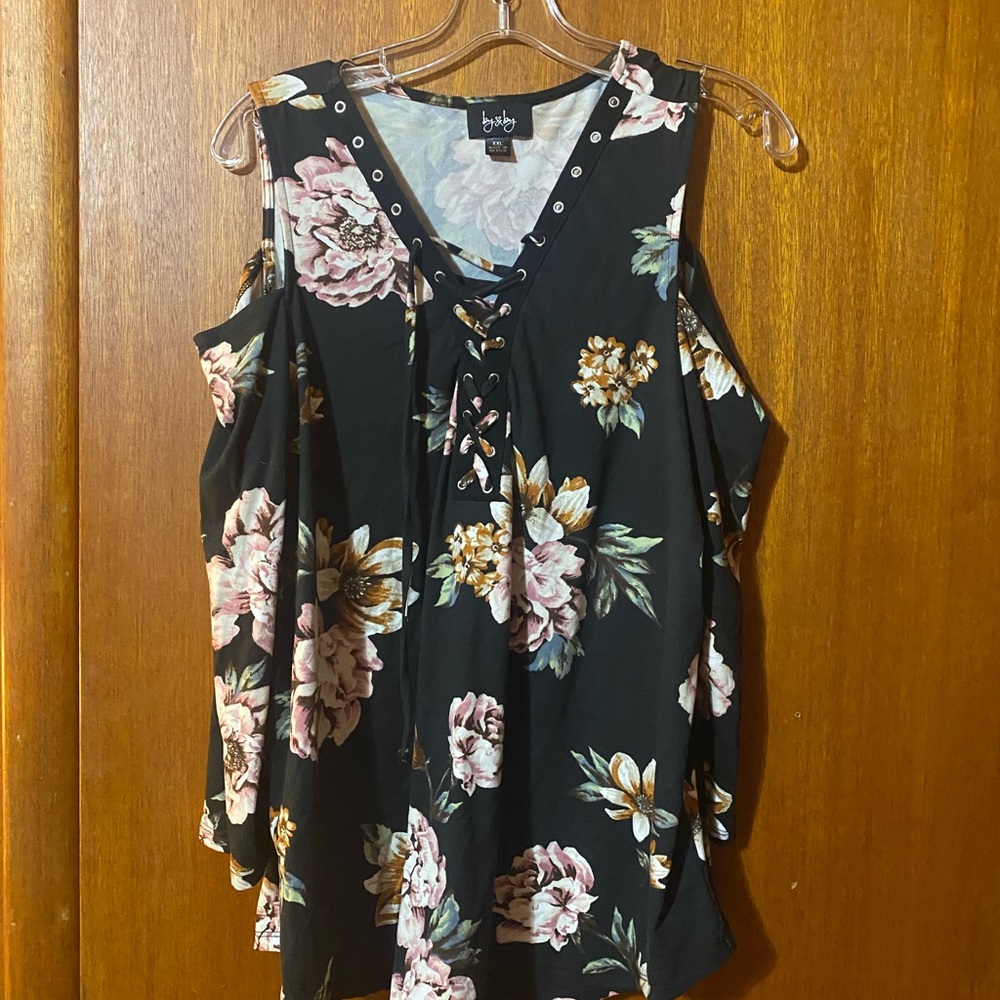 by & by Black Floral‎ off the shoulder blouse with Pink and Yellow Accents